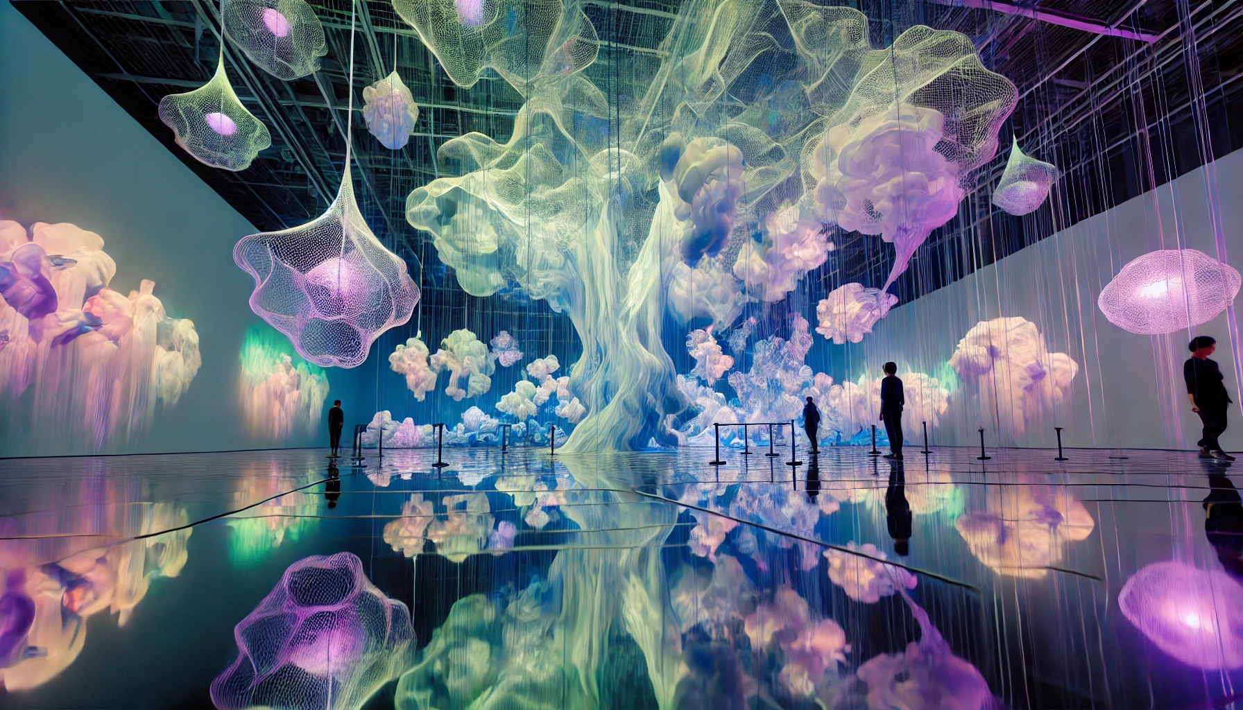 DALL·E 2025-03-19 14.32.02 - An avant-garde contemporary art installation with a surreal and interactive environment. The scene includes floating, illuminated organic sculptures,